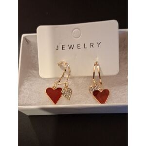 Double Heart Gold Tone Dangle Earrings One Red & One With Rhinestones New In Box